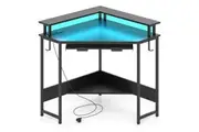 Costway LED Corner Computer Desk w/Charging Station Keyboard Tray Monitor Stand Hooks & Shelf Home Gaming Table Black