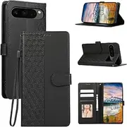 [Asuwish] Mobile Phone Case for Google Pixel 9/9 Pro 5G Case with Film Screen Protector Card Slot Foldable Leather Wallet Stand Pixel9 9Pro Mobile Phone Cases Protective Glass Phone Case Black