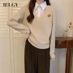 IELGY 拼接POLO領針織毛衣女修身百搭