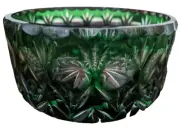Ajka Hungary Emerald Green Crystal Cut To Clear Bowl 5' x 2.25"H