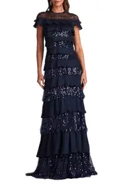 [TADASHI] AYERS SEQUIN TIERED GOWN US 14 Navy