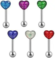 [Niaspi] 6Pcs Heart Surgical Steel 14G 16mm Tongue Ring for Women Hypoallergenic Fasionable Glitter Assorted Colors Barbell Tongue Cartilage Tragus Studs Rings Body Piercing Jewelry, Stainless Steel,