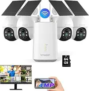 TMEZON 2K Battery Operated Outdoor Security Camera Wireless,No Subscription,Wi-Fi Home Surveillance Camera System 4-Camera Set Includes Homebase Unit, Built-in 64GB SD Storage, IP67,Wire Free