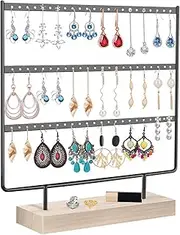 ANNDOFY Earrings Organizer Jewelry Display Stand, 3-Tier Earring Holder Rack for Hanging Earrings, Metal and Wood Basic Large Storage Earring Jewelry Display Tree as Women Girls Gift