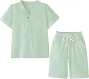 [POBIDOBY] Boy's T-Shirt and Shorts Set Cotton Linen Summer Short Sleeve Children Two Pieces Clothing Pants Sets