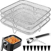 3-Layer Air Fryer Rack,Stainless Steel Stackable Dehydrator Rack with Clipper and 8pcs Silicone Feet Air Fryer Basket Tray for Baking and Cooking (Square)