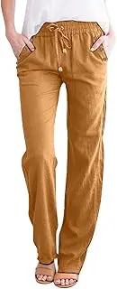 Womens Casual Cotton Linen Pants Lightweight Straight Leg Elastic Drawstring Trousers Summer Loose Fit Lounge Pants