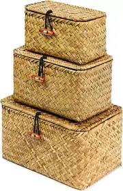 Shelf Baskets with Lid Set of 3 Handwoven Seagrass Storage Box Wicker Basket Des