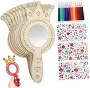 SUPVOX 1Set Handheld Crown Shaped Mirrors for Unfinished Wood Craft Mirrors with Paint Pens Rhinestone Stimulate Creativity Artistic Expression