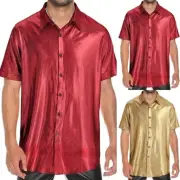 Stylish Yellow Lapel Shirt Men's Button Up Short Sleeve Blouse Disco Tee