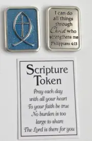 Ganz Scripture Token Charm Blue w/Ichthus Fish "I Can Do All Through Christ" 1"