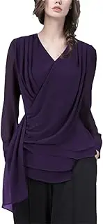 [Generic] Women Long Sleeve V-Neck Crossed Casual Shirt Slim Chiffon Tops