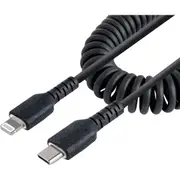 StarTech.com 1m (3ft) USB C to Lightning Cable, MFi Certified, Coiled iPhone Charger Cable, Black, Durable TPE Jacket Aramid Fib
