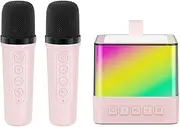 Karaoke Wirel Microphone and Speaker Set with 2 Microphone Color Light Handheld Mic Karaoke Speaker s for Birthday Party Desktop Home KTV Set Pink
