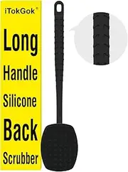 iTokGoK® All New Premium Silicone Back Scrubber with Tire Anti-Slip Long Handle for Shower, Gentle Exfoliating and Massage Brush Scrubber for Sensitive Skin for Men and Women (Black)