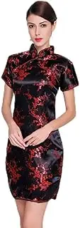 [LIALIYA] Chinese Cheongsam, Short Sleeve Shirt Blouse China for Women, Mini Evening Dress, Black and Red Cheongsam, Mandarin Collar Cheongsam