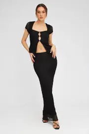 Black Maxi Skirt High Rise Bodycon Elastic Waist Lace - Size 8, Women's Maxi Skirt