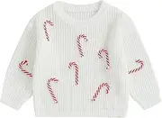 [woshilaocai] Baby Boy Girl Christmas Knit Sweater Candy Cane Embroidery Crewneck Sweatshirt Infant Fall Pullover Tops
