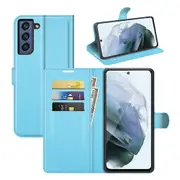 For Samsung Galaxy S21 FE Case, Lychee Texture, PU Leather Wallet Cover, Blue