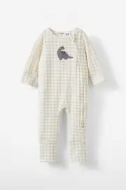 [Cotton On Kids] Cotton On Kids - The Long Sleeve Zip Romper - Rainy day gingham/dino applique NEWBRN RAINY DAY GINGHAM/DINO APPLIQUE