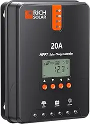 RICH SOLAR 20 Amp 12V/24V DC Input MPPT Solar Charge Controller with LCD Display Solar Panel Regulator for Gel Sealed Flooded and Lithium Battery Negative Ground