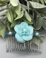 Formal Wedding Teal Flower Teal White Beaded 3.5” Silver Tone Hair Comb