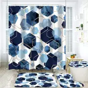 4Pcs Blue Bathroom Set Geometric Shower Curtain Set Modern Art Navy Blue