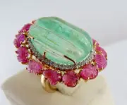 Vintage Natural Emerald Ruby Carved Diamond Gemstone 18K Gold Cocktail Ring