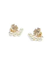 Tory Burch Pave Double T & Imitation Pearl Front to Back Earrings in 18K Gold Plated