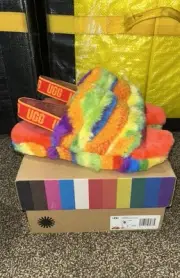 UGG Big Kids' Fluff Yeah Cali Collage Slide Rainbow Stripes 1119840K-RSTR Size 6