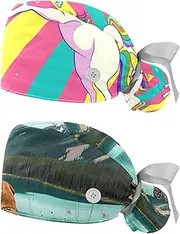 [YTYVAGT] 2-Pc,Nurse Scrub Caps,Scrub Hats with Buttons and Cotton Sweatband,Cute Unicorn with Rainbow Stripes