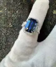 4Ct Emerald Cut Lab-Created Blue Sapphire Engagement Ring 14k White Gold Plated