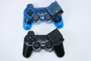PLAYSTATION 2 PS2 Dual Vibration WIRELESS Controller CLEAR BLUE/BLACK SET OF 2