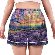 [RPLIFE] Beautiful Lavender Fields Starry Sky Purple Woman Boxer Shorts, Lounge Shorts for Women, Comfy Women's Summer Pajamas