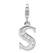 Sterling Silver Amore La Vita Rhodium-Plated Polished Cz Letter S Initial Charm With Fancy Lobster Clasp