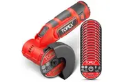 TOPEX 12V Cordless Angle Grinder 1 Wrench for Metal and Wood w/12V 2.0Ah Lithium-Ion Battery&14.4V /0.4A charger/50PCS 85mm Cutting Wheels Discs