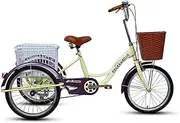 Adult Tricycle with Adjustable Seat Pedal Three-Wheel Bicycle 20 Inch for Men Women Complete Beach Cruiser Trike with Basket Lights Bell, Tricycle