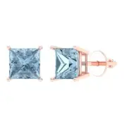 4.0 ct Princess Cut Solitaire Natural Sky blue Topaz Stud Earrings 14k Rose Gold