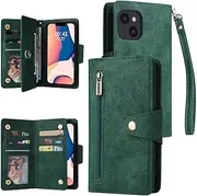 [YocoverTech] for iPhone 13 Case,for iPhone 14 Wallet Case[6 Card Slots and 1 Zipper Coin Pocket] PU Leather Stand Flip Cover with Wrist Strap[6.1 inch]-Green