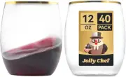 JOLLY CHEF 40 Pack Gold Rim Plastic Wine Glasses Stemless Disposable 12 oz Shatt