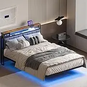 Advwin Double Floating Bed Frame with LED Lights and Upholstered Headboard &Charging Station, Metal Platform Bed Frame with Heavy Duty Steel Slats Black,No Box Spring Needed (Double)