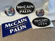 McCain and Palin Campaign Stickers And Buttons Pins 2008 Lot Of 5