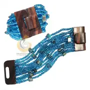 Light Blue Beaded Bracelet Glass & Mother of Pearl Beads Elastic Wooden Clasp