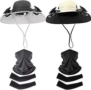 Syhood Wide Brim Solar Fan Hat with Arm Sleeves Neck Gaiter for Men Women Outdoor Bucket Hat with Fan for Hiking