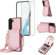 Phone Case for Samsung Galaxy S23 5G Wallet Cover with Mirror Credit Card Holder Shoulder Crossbody Strap Long Lanyard Leather Cell S 23 23S GS23 G5 SM-S911U 6.1 inch Women Girls Girly Cute Rose gold