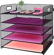 ideallife 5 Tier Lettrer Tray Organizer with Handle, Metal Mesh Desk File Organizer with Sliding Trays, Paper Sorter Desk for Home Office School, Black