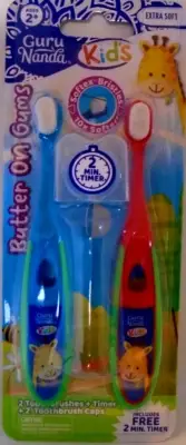 Kids Toothbrush Super Soft With Cover Ages 2 Blue & Red Giraffe 2 Pack