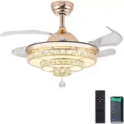 TRSIOPFC 48' Dimmable Gold Ceiling Fan with Lights Remote Crystal Chandelier ...