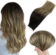 Full Shine 18" Remy Human Hair Tape in Ombre Hair Extensions Color #1B Black Roots Fading to #6 and #27 Honey Blonde Balayage Hair 40 Pcs 100grams Per Package
