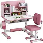 Kids Desk and Chair Set,Height Adjustable Children Study Table and Chair with Bookshelves,Suitable for Boys and Girls School Home Learning Tools (Color : Pink)